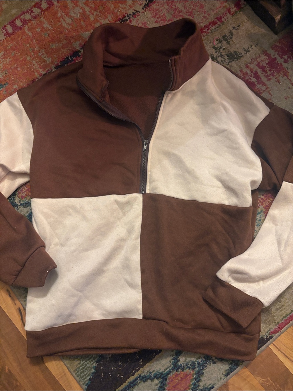 Brown and Cream Colorblock Quarter-Zip Pullover